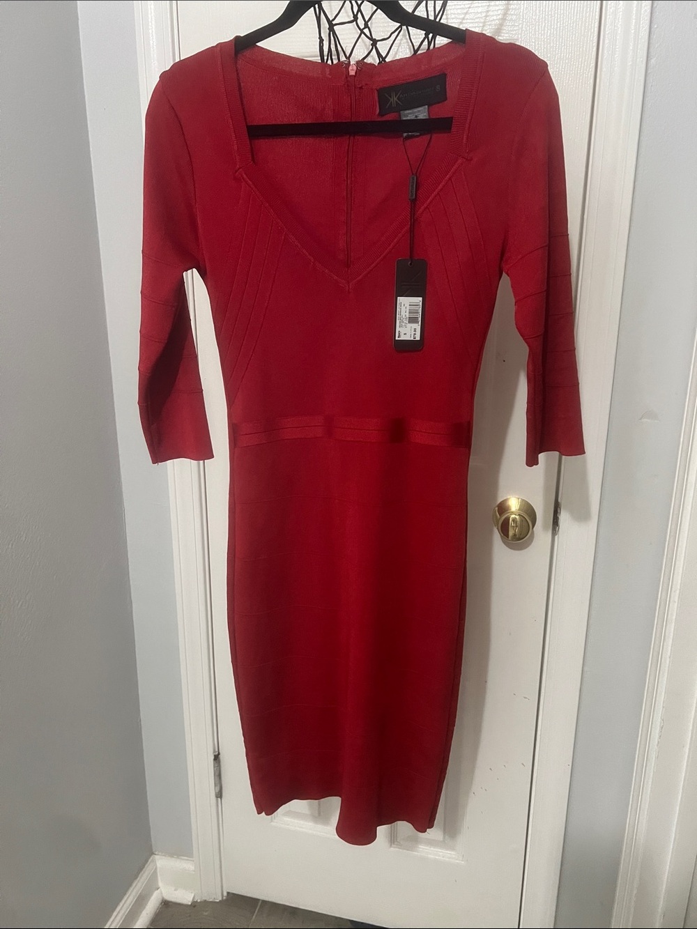 Kardashian Kollection Red V-Neck Midi Sheath Dress